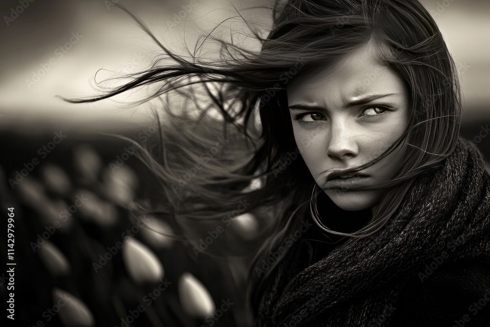 Moody Portrait of Pensive Woman in Windy Field with Dark Atmosphere Moody Portrait of Pensive Woman in Windy Field with Dark Atmosphere