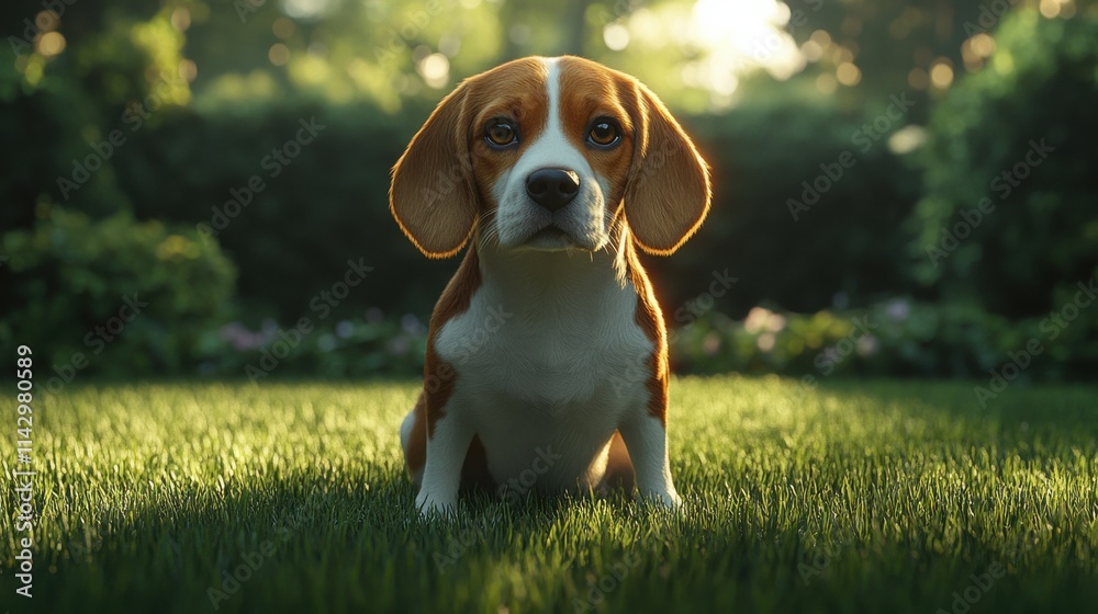 Tranquil Beagle portrait on grass with soft lighting and texture Tranquil Beagle portrait on grass with soft lighting and texture