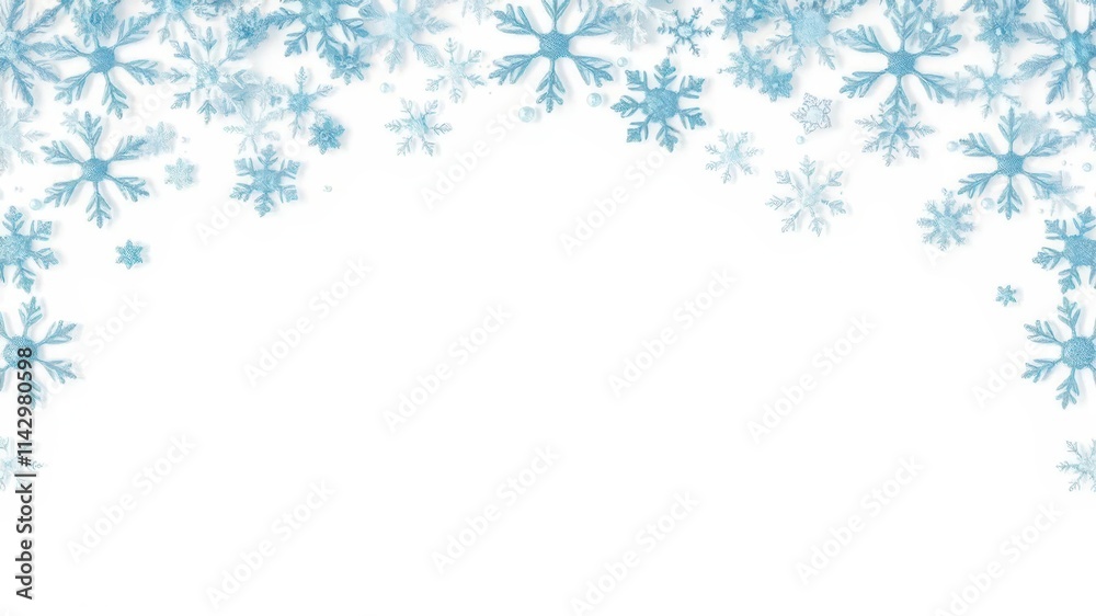 Delicate blue snowflakes form a decorative border on a white background, background, abstract Delicate blue snowflakes form a decorative border on a white background, background, abstract