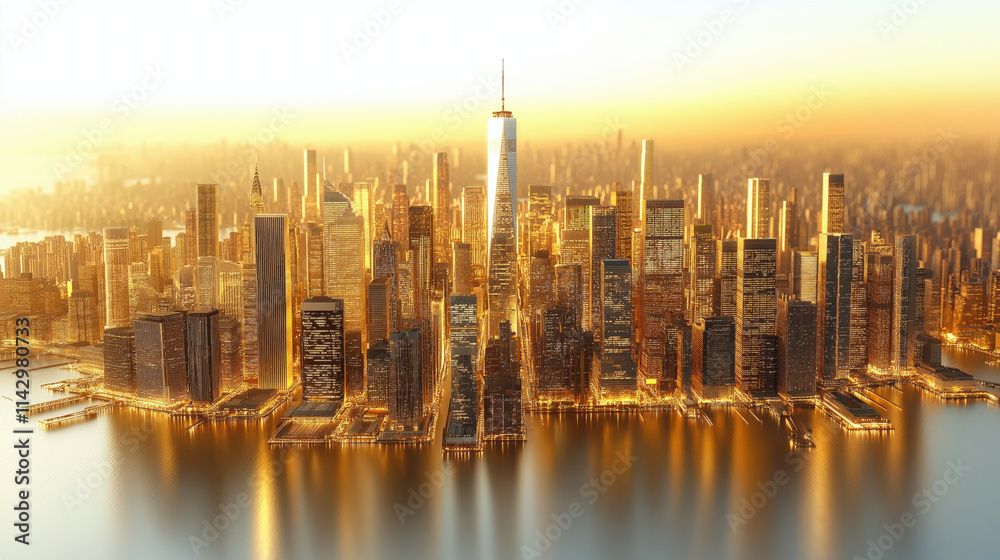 Fototapeta premium Golden New York City Skyline at Sunset with Glowing Lights and Iconic Landmarks