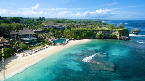 A picturesque beach scene with clear waters, lush greenery, and luxurious resorts.