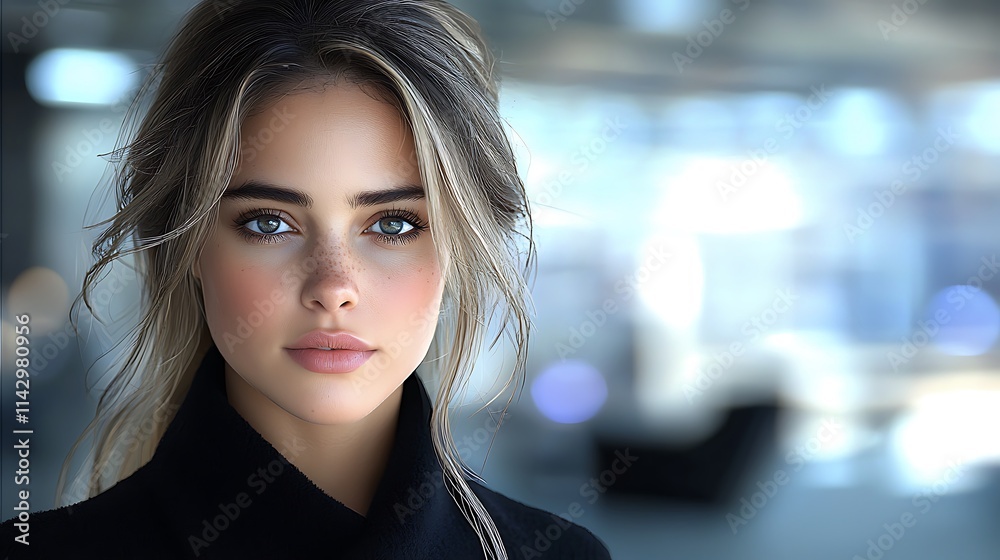Graceful white woman in a black wool coat, positioned against a blurred modern cityscape, with dynamic lighting and a stylish flair, ultra-realistic, photo-realistic, highly detailed, Graceful white woman in a black wool coat, positioned against a blurred modern cityscape, with dynamic lighting and a stylish flair, ultra-realistic, photo-realistic, highly detailed,