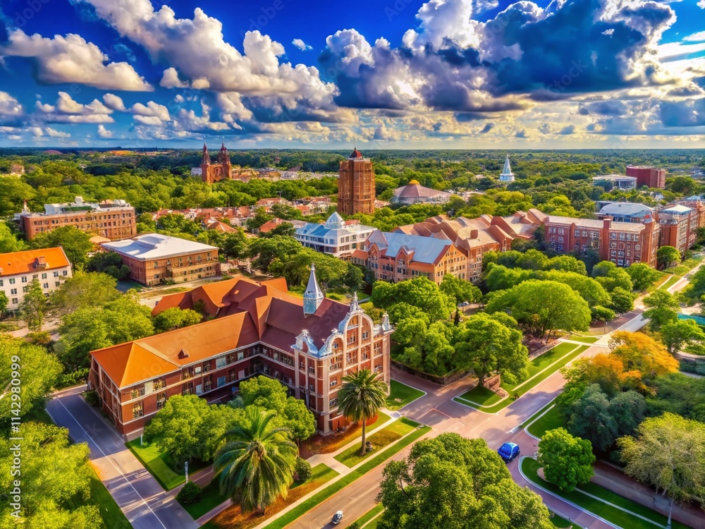 University of Florida Aerial Drone Shot, Gainesville Campus, Red Brick Buildings, Long Exposure Photography, Sunny Day, Puffy Clouds