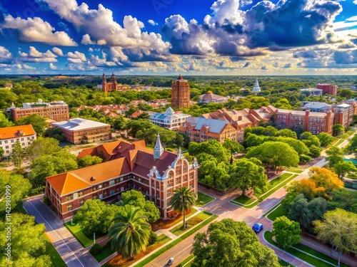 University of Florida Aerial Drone Shot, Gainesville Campus, Red Brick Buildings, Long Exposure Photography, Sunny Day, Puffy Clouds photo