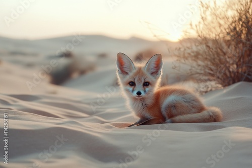 A young fennec fox sits gracefully in the desert, its large ears perked up under a setting sun, exuding a sense of youthful curiosity and natural beauty. photo