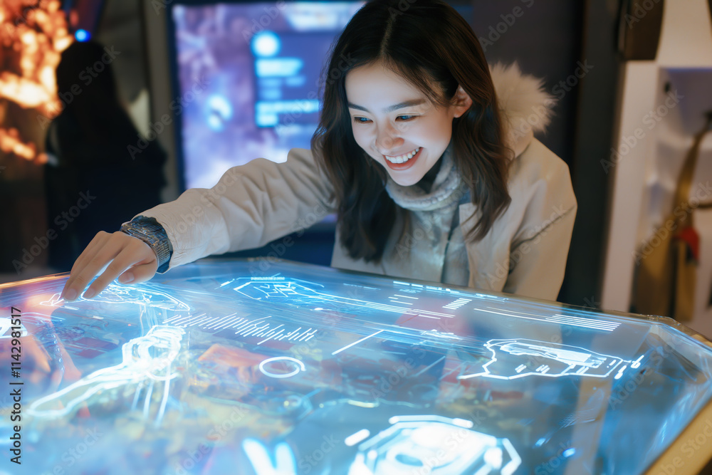 Fototapeta premium Young Entrepreneur Analyzing Digital Marketing Technology in Futuristic E-commerce Environment Generative AI