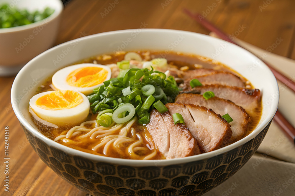 A delicious bowl of ramen topped with sliced pork, soft-boiled eggs, and green onions, served in a decorative bowl.