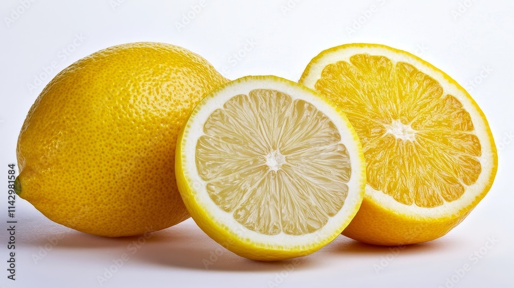 A whole lemon and a halved lemon showcasing its vibrant yellow color and juicy interior. A whole lemon and a halved lemon showcasing its vibrant yellow color and juicy interior.