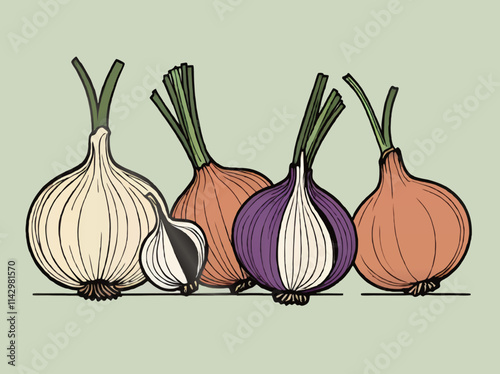 onion and garlic cartoon vector sketch