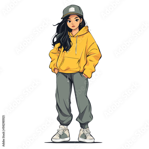 Cute Girl with Streetwear Style – A Trendy and Modern Vector Illustration in Watercolor Flat Style
