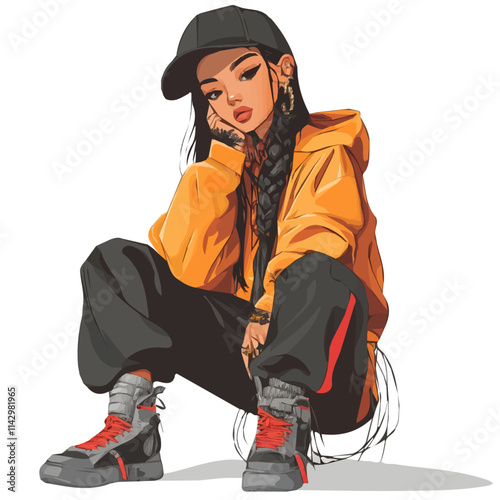 Cute Girl with Streetwear Style – A Trendy and Modern Vector Illustration in Watercolor Flat Style
