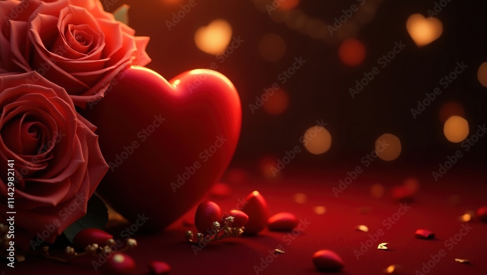 Ilustración artística con corazón rojo y rosas con corazones pequeños en un fondo oscuro con luces bokeh doradas, perfecta para tarjetas de felicitación y proyectos de san Valentín Ilustración artística con corazón rojo y rosas con corazones pequeños en un fondo oscuro con luces bokeh doradas, perfecta para tarjetas de felicitación y proyectos de san Valentín