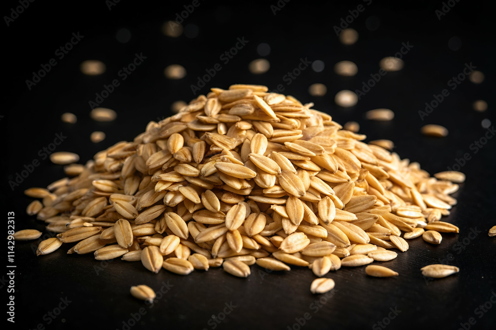 Obraz premium A close-up of a mound of golden oats scattered on a dark surface, highlighting their texture and color in a visually appealing manner.