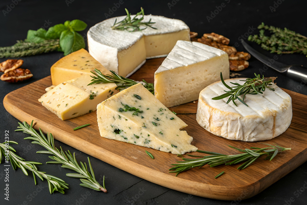A wooden platter features an assortment of cheeses, including soft and hard varieties, garnished with herbs, showcasing a gourmet display perfect for a cheese board. A wooden platter features an assortment of cheeses, including soft and hard varieties, garnished with herbs, showcasing a gourmet display perfect for a cheese board.