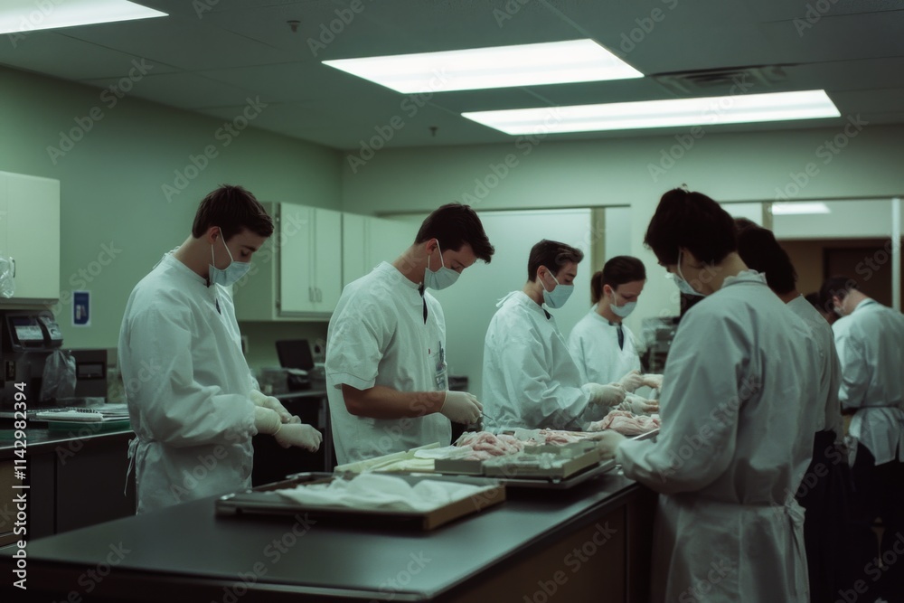 Fototapeta premium Medical students donning white lab coats and masks engage in a collaborative study session in a clinical laboratory, fostering knowledge and teamwork.