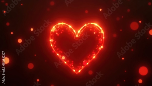 Corazón rojo iluminado en fondo negro con partículas brillantes, ideal para tarjetas de san Valentín