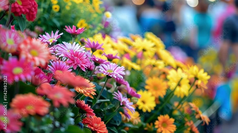 Blurry colors of vibrant blooms against a soft background of bustling spectators. Blurry colors of vibrant blooms against a soft background of bustling spectators.