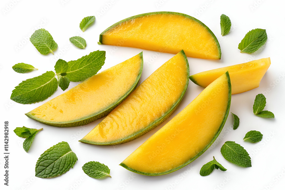 Fresh cantaloupe slices arranged artistically with mint leaves on a white background, creating a vibrant and healthy visual. Fresh cantaloupe slices arranged artistically with mint leaves on a white background, creating a vibrant and healthy visual.