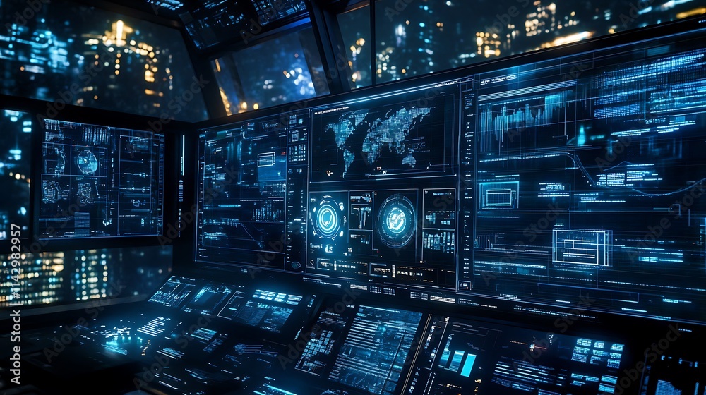 Futuristic Control Room: Night City Monitoring Futuristic Control Room: Night City Monitoring