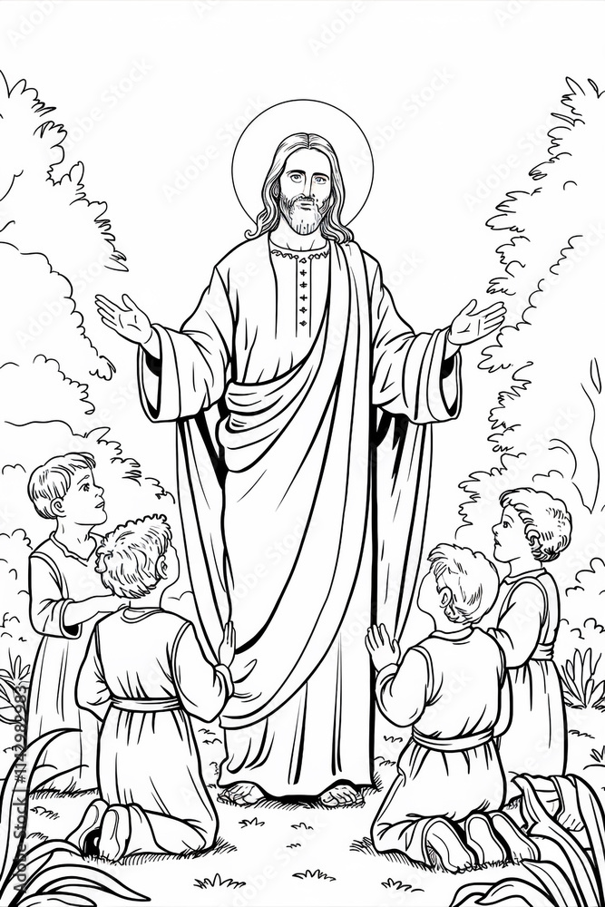 Fototapeta premium Virgin Mary, Jesus with Children at Garden. Coloring Pages Art