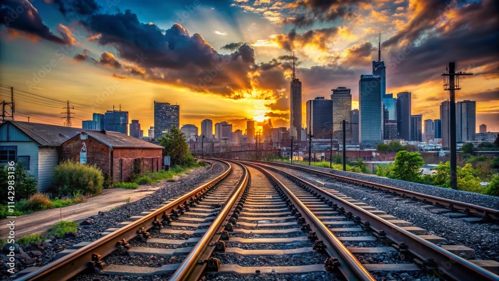 Fototapeta premium Urban Exploration: City Skyline Train Tracks - Industrial Photography
