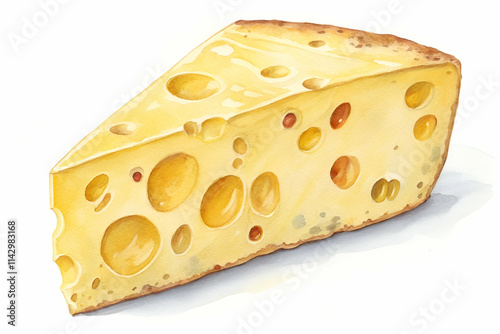 A wedge of yellow cheese with distinctive holes, showcasing a smooth texture and appealing color, perfect for culinary uses.