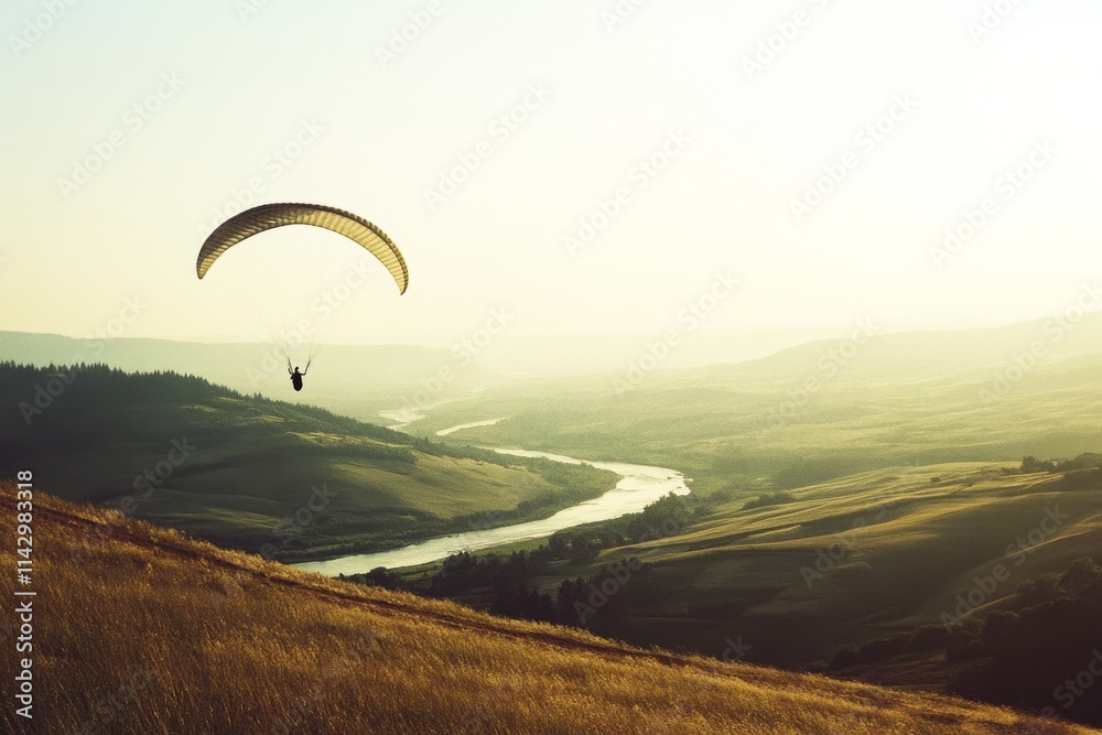 A paraglider gracefully soars over a winding river, basking in the golden light of sunset across an expansive rural landscape. A paraglider gracefully soars over a winding river, basking in the golden light of sunset across an expansive rural landscape.