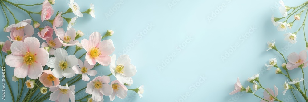 Pastel spring blooms arranged in a frame on a serene blue background, ample copy space, wreath, website, mock up Pastel spring blooms arranged in a frame on a serene blue background, ample copy space, wreath, website, mock up