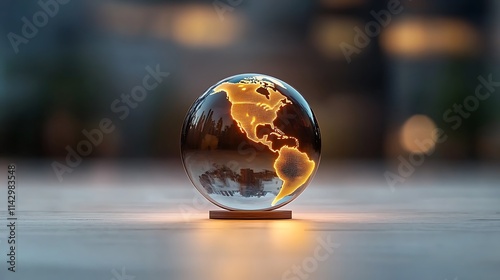 A glowing glass globe showcasing interconnected continents, placed among lightly blurred financial elements for a dynamic composition. Ultra-Realistic, Photo Realistic, highly detailed, 