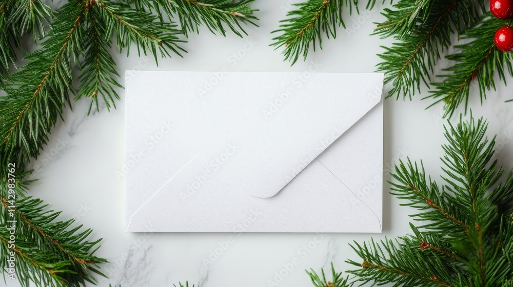 Christmas Email Template: Solid White Large Copy Space - Festive Christmas background with a blank white envelope, surrounded by fir branches and red berries. Perfect for holiday greetings or announce