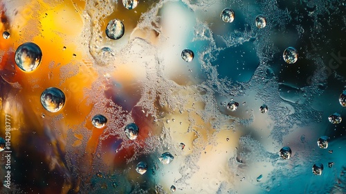 A close-up of droplets on a glass surface, creating an abstract, colorful background.
