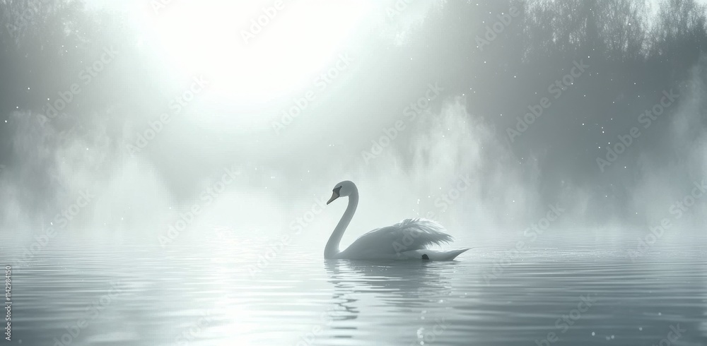 Fototapeta premium Tranquil swan gliding across misty lake during early morning light