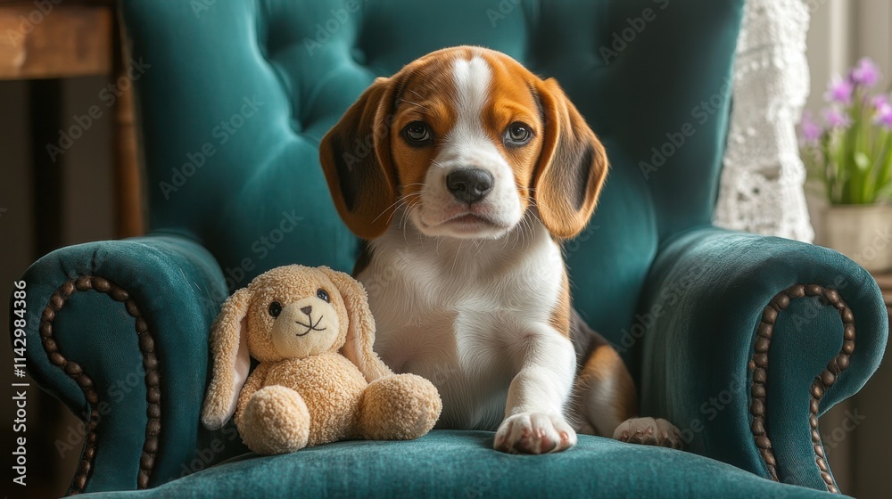 Cheerful Beagle puppy in a cozy armchair with toys Cheerful Beagle puppy in a cozy armchair with toys