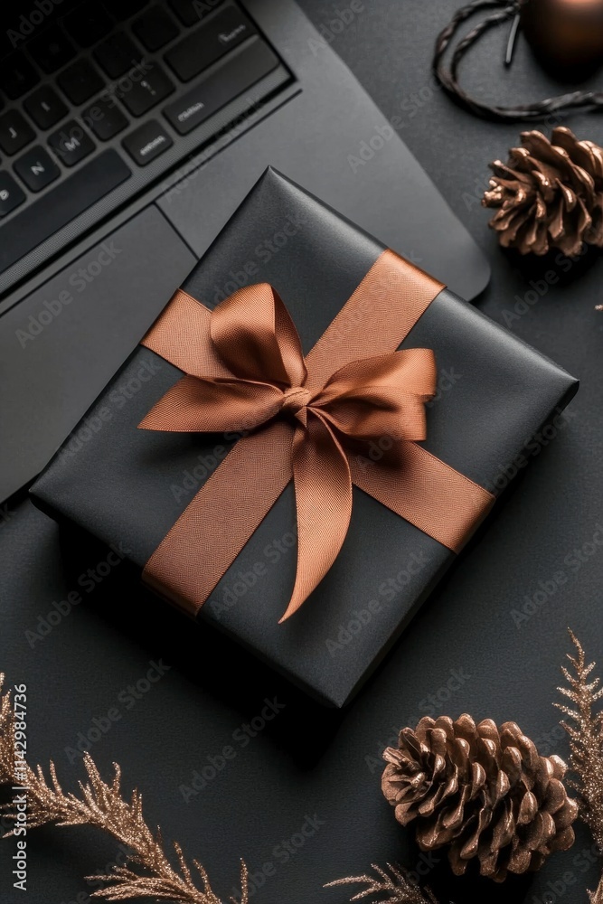 Gift wrapped in black with gold ribbon placed next to a laptop on a dark surface Gift wrapped in black with gold ribbon placed next to a laptop on a dark surface