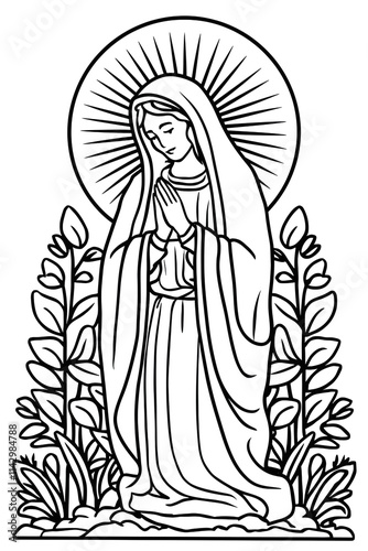 Virgin Mary, Jesus with Children at Garden. Coloring Pages Art