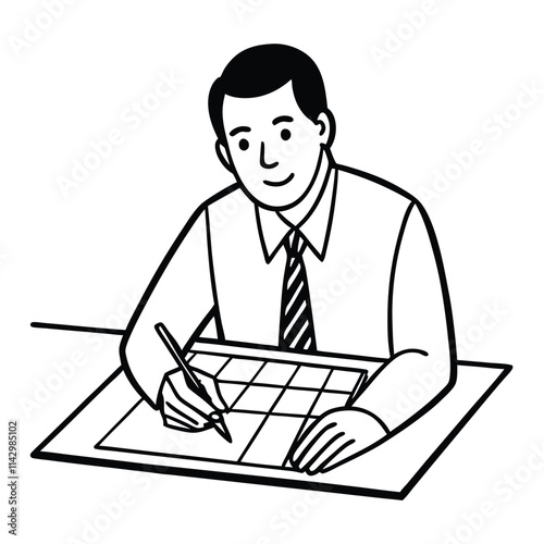 a black and white line drawing of a man sitting at a desk.