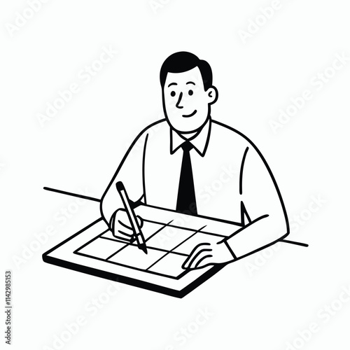 a black and white line drawing of a man sitting at a desk.