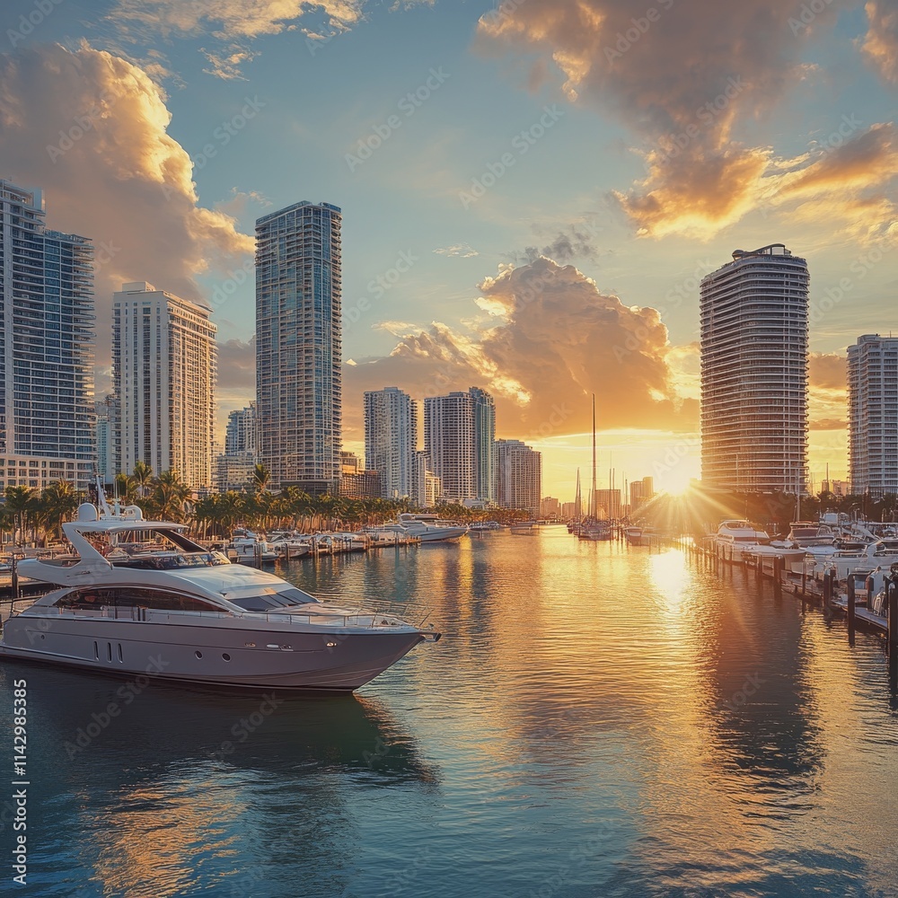 Obraz premium the skyline of miami during sunset with a marina 