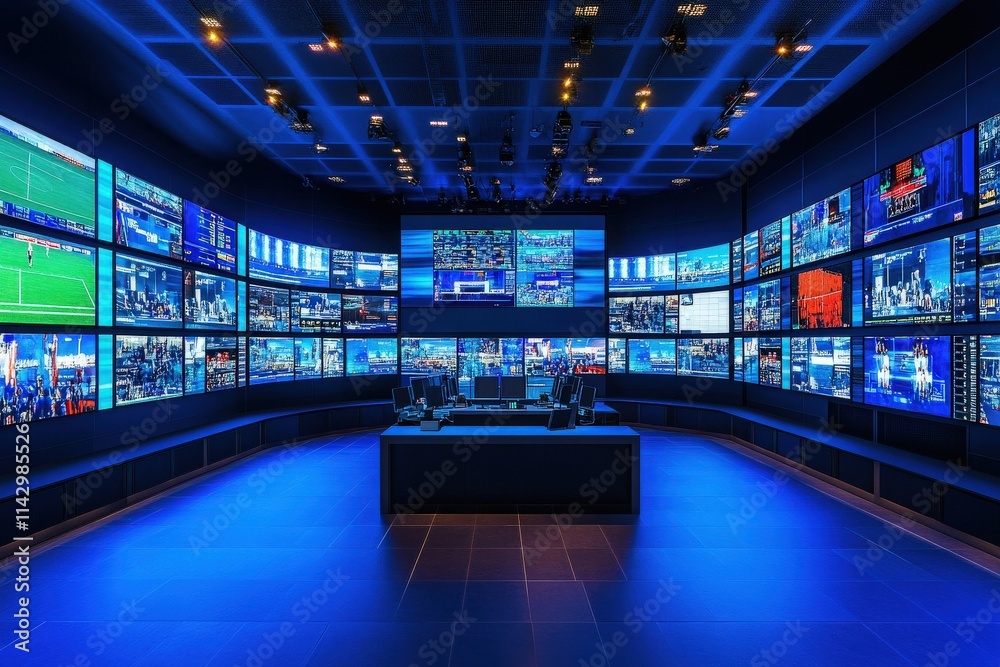 A modern control room features numerous large screens showing sports events, news, and data analytics. Blue lighting enhances the technological atmosphere, creating an immersive environment. A modern control room features numerous large screens showing sports events, news, and data analytics. Blue lighting enhances the technological atmosphere, creating an immersive environment.