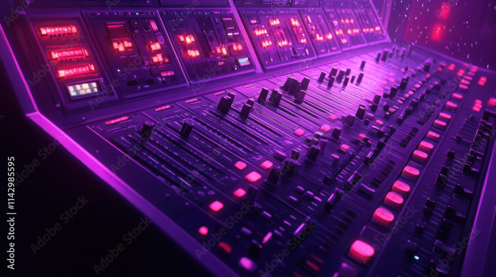 A 3D render ilustration of a violet set of sound engineer mix board in a cartoonish style. A 3D render ilustration of a violet set of sound engineer mix board in a cartoonish style.