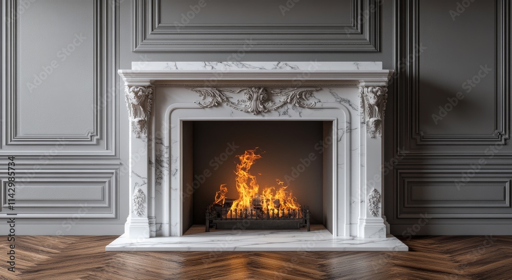 Fototapeta premium Elegant marble fireplace with a roaring fire in a stylish living room setting