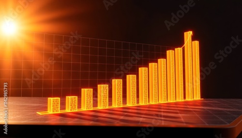 Financial chart shows increasing return on investment over time. Glowing orange bars rise upwards on dark background. Sunlight effect highlights growth trend. Business performance visualization.