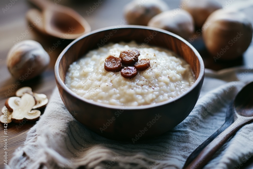 A wooden bowl holds creamy rice pudding topped with dried fruit, capturing a homely and comforting culinary delight. A wooden bowl holds creamy rice pudding topped with dried fruit, capturing a homely and comforting culinary delight.