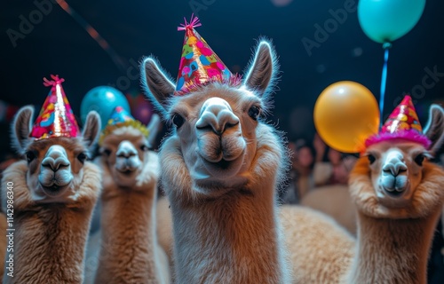 Group of llamas celebrating a birthday with party hats and colorful balloons photo