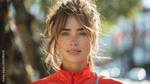 A 26-year-old European girl with brown hair, doing sports on the street, dressed in a red summer sports outfit with the white. photo