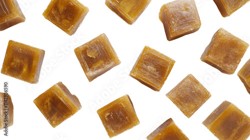 Many butterscotch candies, overhead view. Butterscotch squares, sweet treat texture. Butterscotch candies, delicious background. Butterscotch candy squares, scattered.