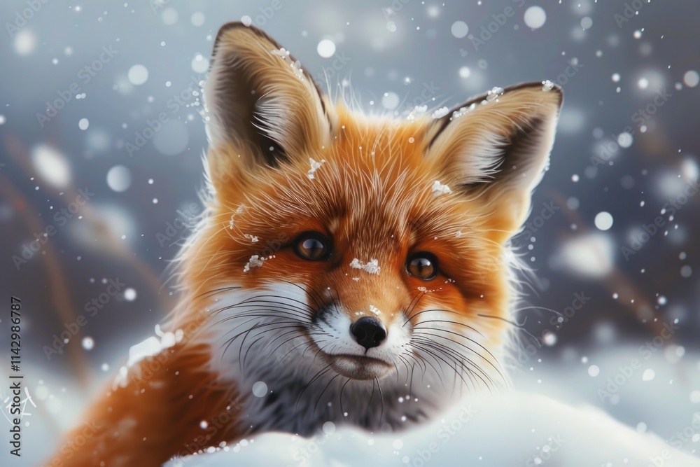 Fototapeta premium Fox Cartoon. Adorable Red Fox in Winter Wonderland Fantasy with Snow