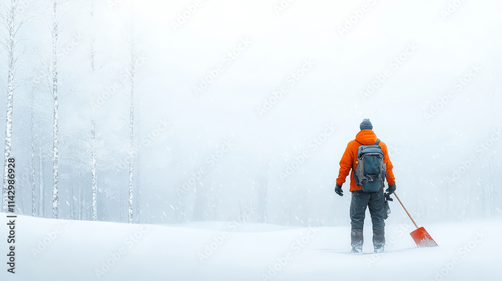Winter Woods Worker - A lone figure, bundled in orange, uses a shovel in a snowy forest, symbolizing resilience, solitude, hard work, winter's grip, and the quiet strength of nature. Winter Woods Worker - A lone figure, bundled in orange, uses a shovel in a snowy forest, symbolizing resilience, solitude, hard work, winter's grip, and the quiet strength of nature.