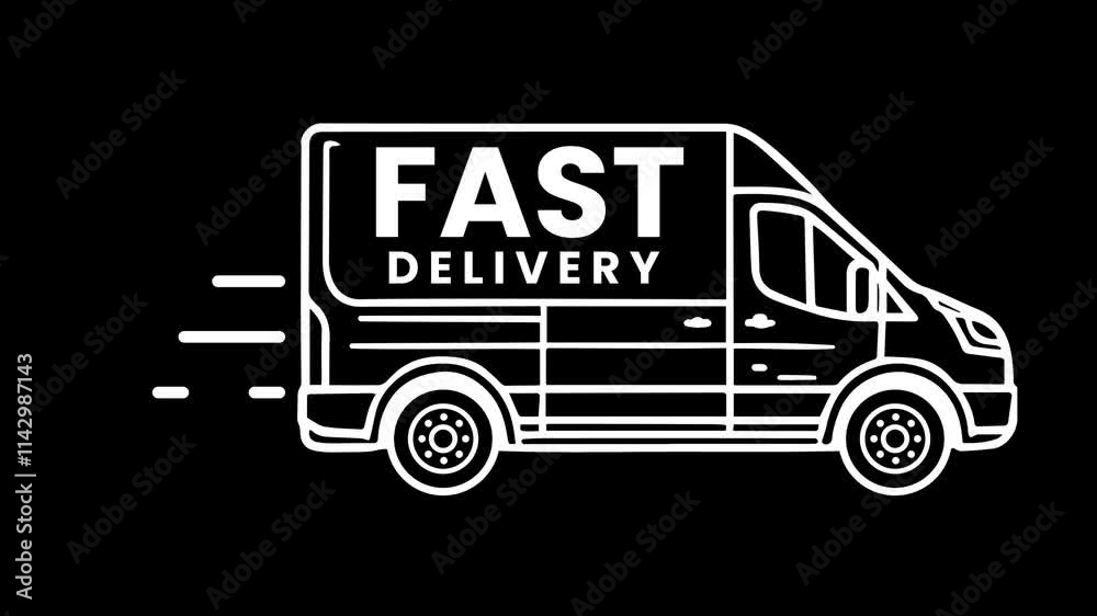 Animated Fast Delivery Van White outline icon. Express Delivery service. Transportation. Vehicle in motion. Seamless loop 4K HD video on a black background. Motion graphic design. Animated Fast Delivery Van White outline icon. Express Delivery service. Transportation. Vehicle in motion. Seamless loop 4K HD video on a black background. Motion graphic design.