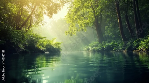 Tranquil River Scene Amidst Lush Forests